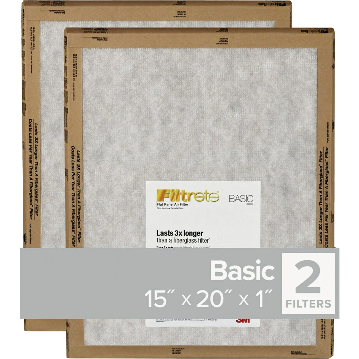 Certified Filtrete 15 In. x 20 In. x 1 In. Basic MPR Flat Panel Furnace Filter MERV 2 2-Pack Long-Lasting