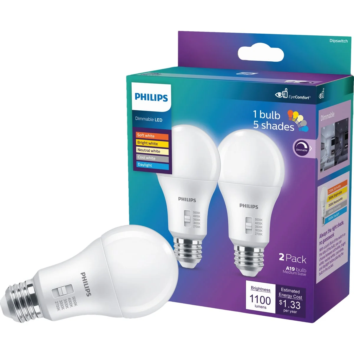 Durable Philips 75W Equivalent 5 CCT A19 Medium Dimmable LED Light Bulb 2-Pack Solid
