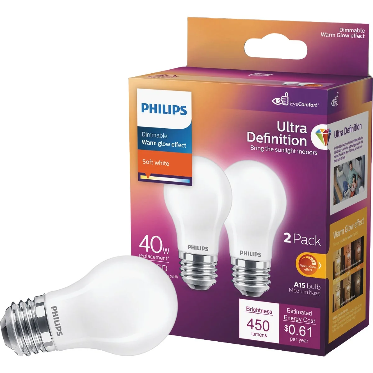 Premium Philips Ultra Definition 40W Equivalent A15 Medium LED Light Bulb 2-Pack Smart