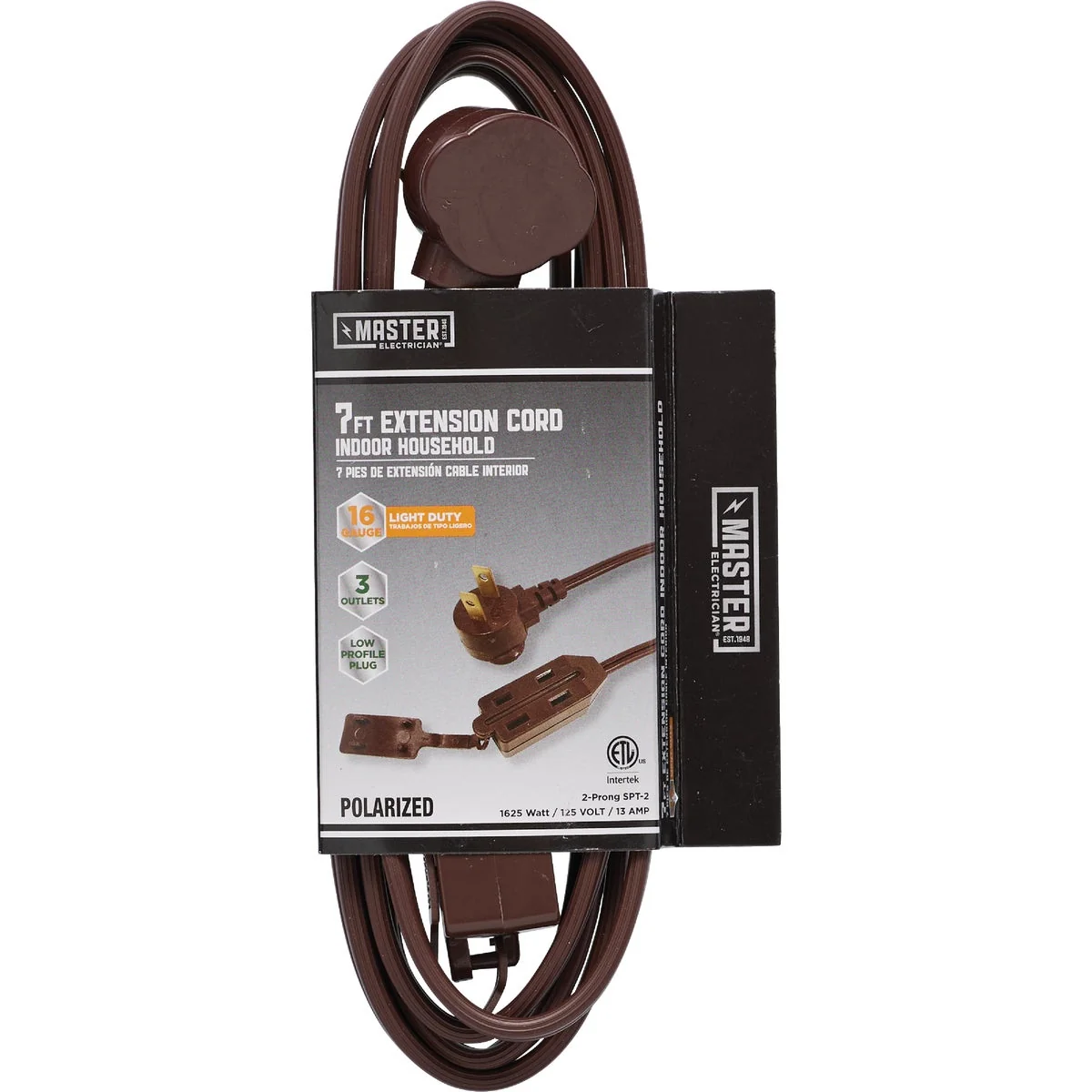 Powerful Master Electrician 7 Ft. 16 2 SPT-2 Low Profile Brown Extension Cord with Polarized Slender Plug Sustainable