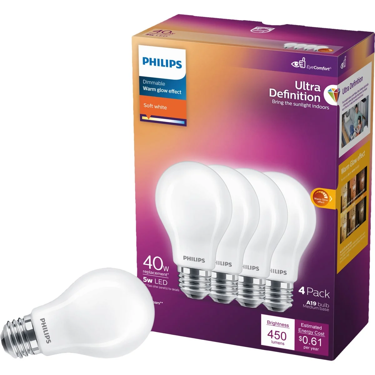 Verified Philips Ultra Definition 40W Equivalent Soft White A19 Medium LED Light Bulb Frosted 4-Pack Smooth