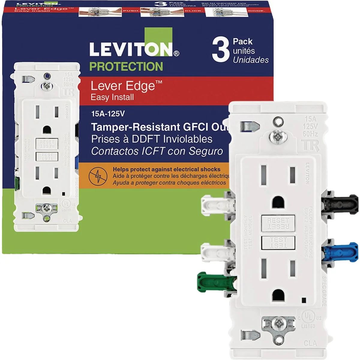 Reusable Leviton Lever Edge Self-Test 15A White Tamper-Resistant GFCI Duplex Outlet 3-Pack Green