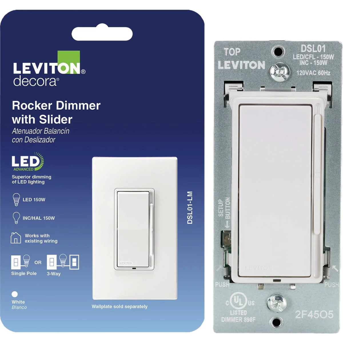 Official Leviton Decora LED CFL Incandescent White Rocker Dimmer with Slide Bar Detailed