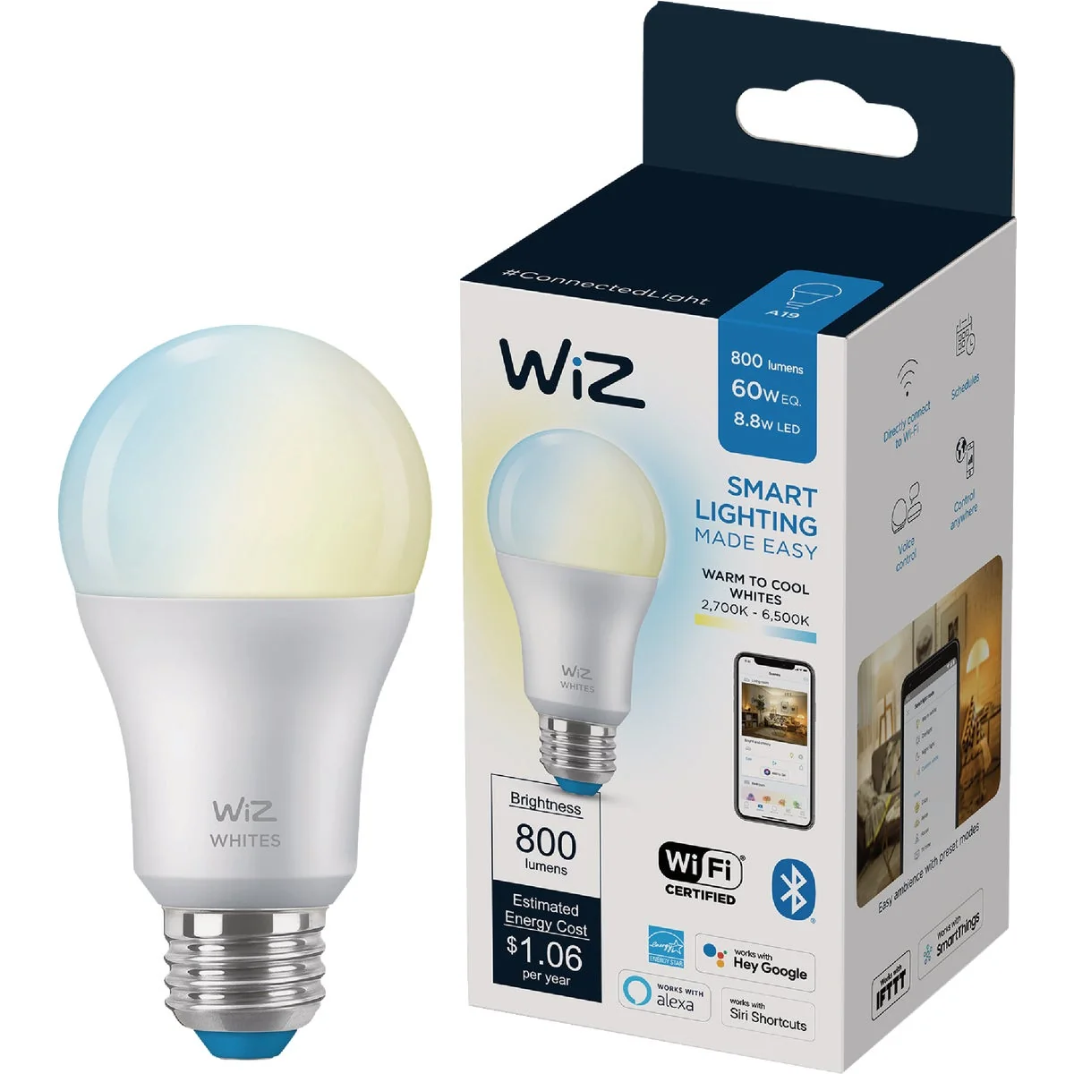 Professional Wiz 60W Equivalent Smart A19 LED Light Bulb Reusable