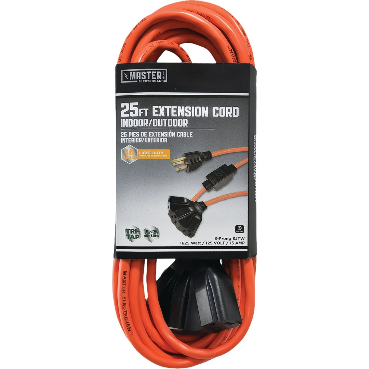 Contemporary Master Electrician 25 Ft. 16 3 SJTW Orange Outdoor Extension Cord with Fan Tap and Inline Circuit Breaker Easy-to-Use