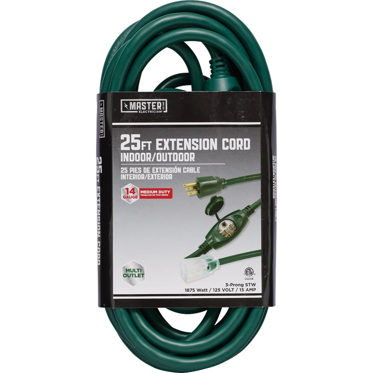 Secure Master Electrician 25 Ft. 3-Outlet 14 3 STW Green Outdoor Extension Cord Traditional
