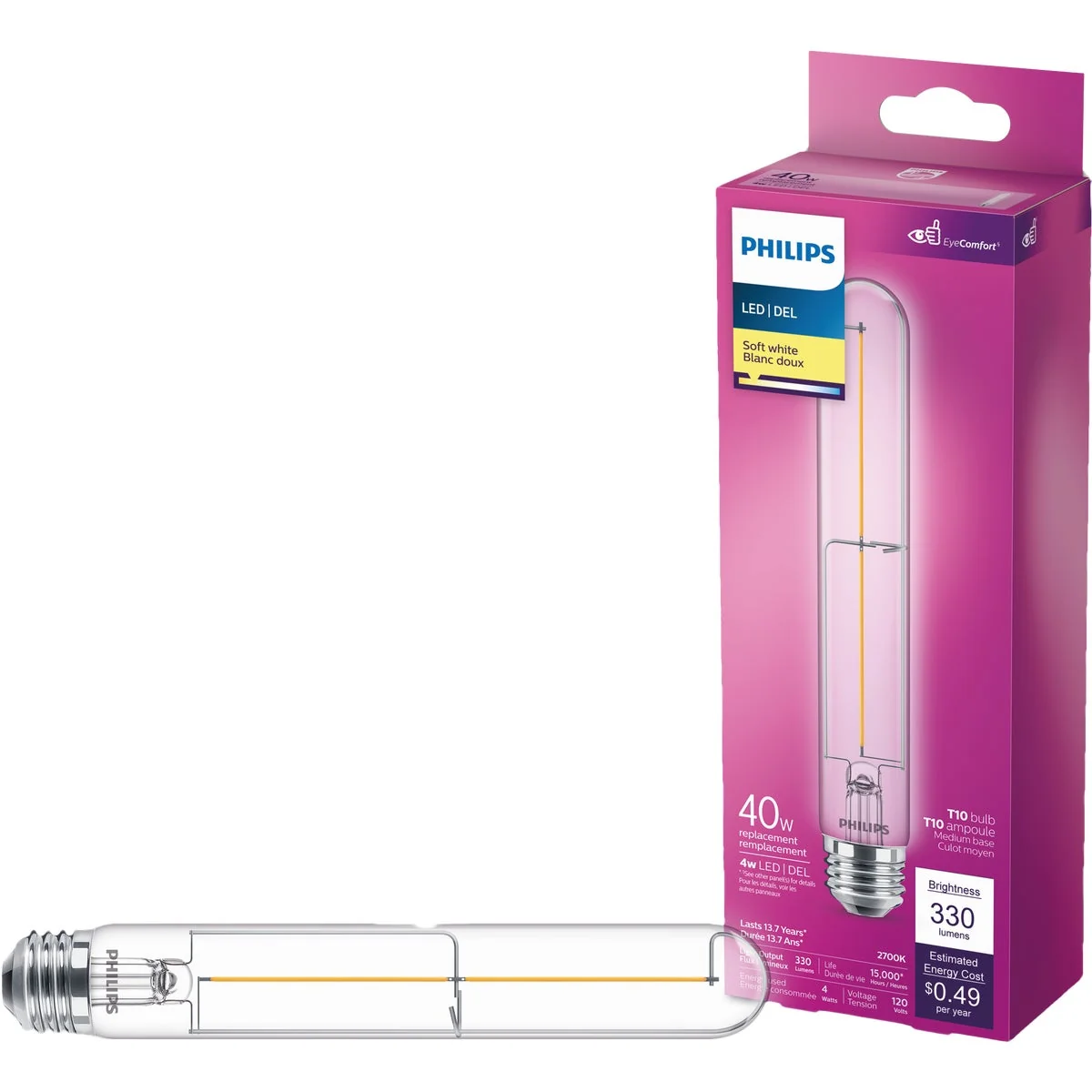 Versatile Philips 40W Equivalent Soft White T10 Medium Base Glass Filament LED Light Bulb Convenient