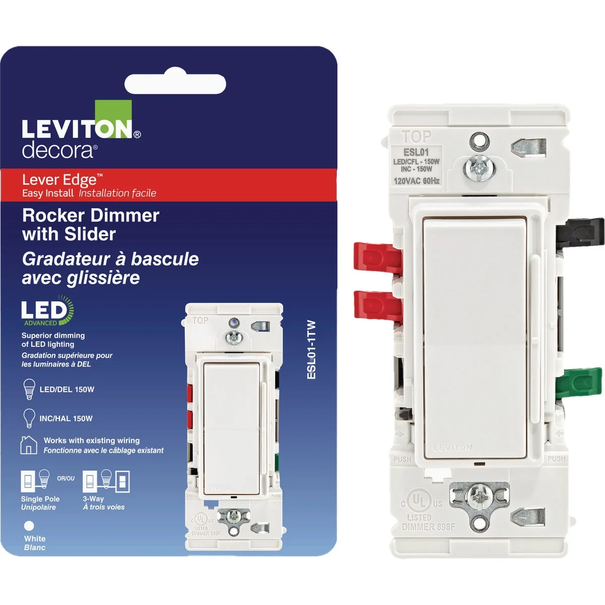 User-Friendly Leviton Decora Lever Edge Incandescent White Rocker Slide Dimmer Switch Lightweight