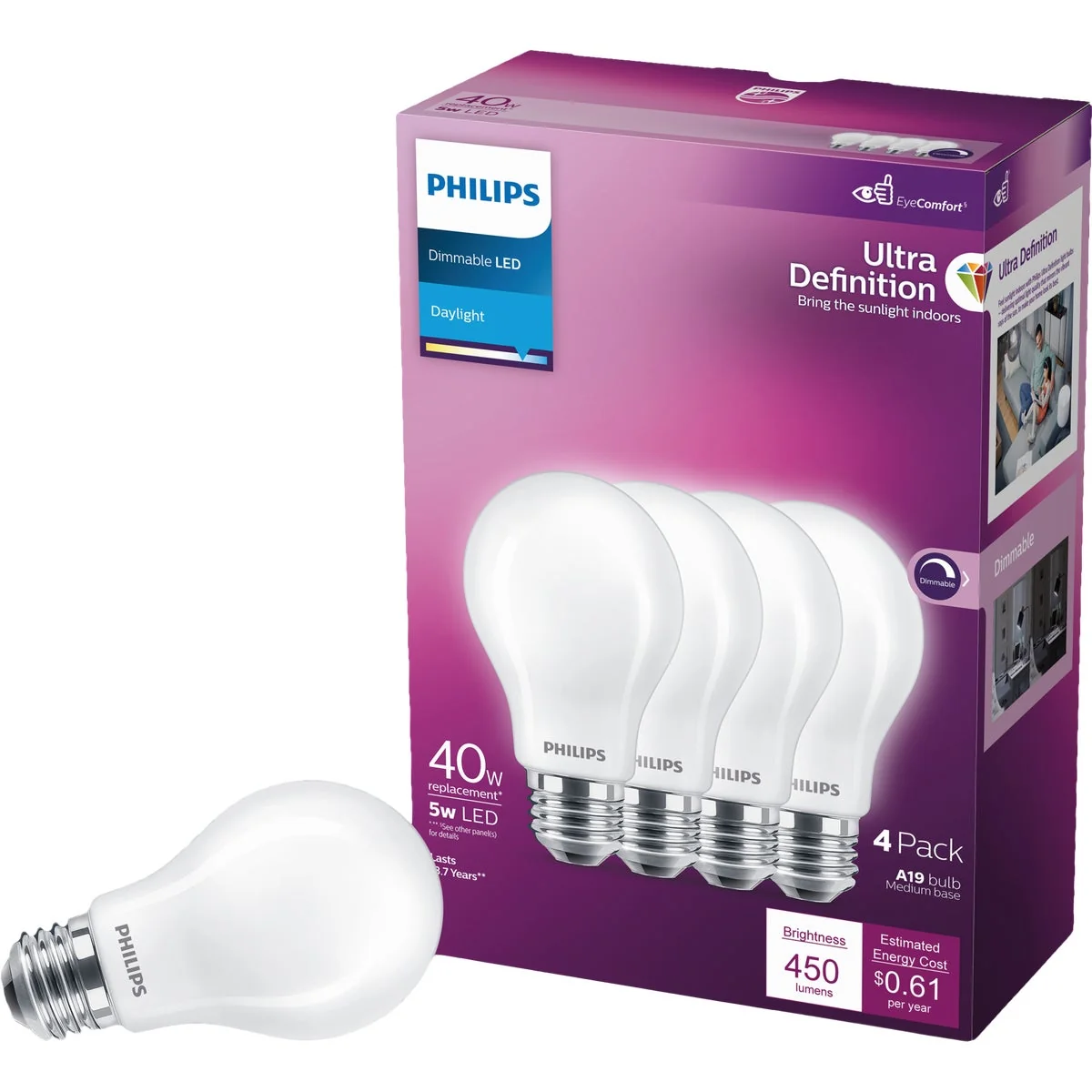 Authentic Philips Ultra Definition 40W Equivalent Daylight A19 Medium LED Light Bulb Frosted 4-Pack Smooth