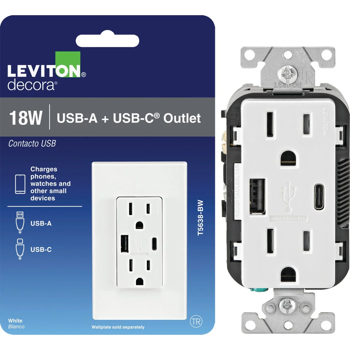 Trendy Leviton Decora 15A White 3.6A Type A C USB Tamper-Resistant Wall Outlet Charger Environmentally Friendly