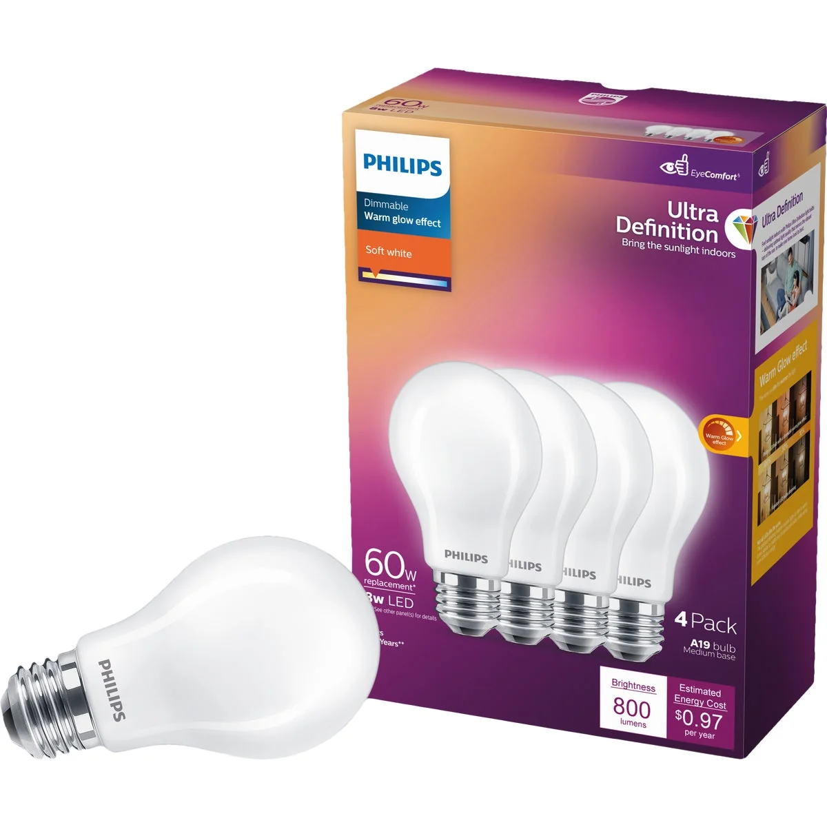 User-Friendly Philips Ultra Definition 60W Equivalent Soft White A19 Medium LED Light Bulb Frosted 4-Pack Powerful