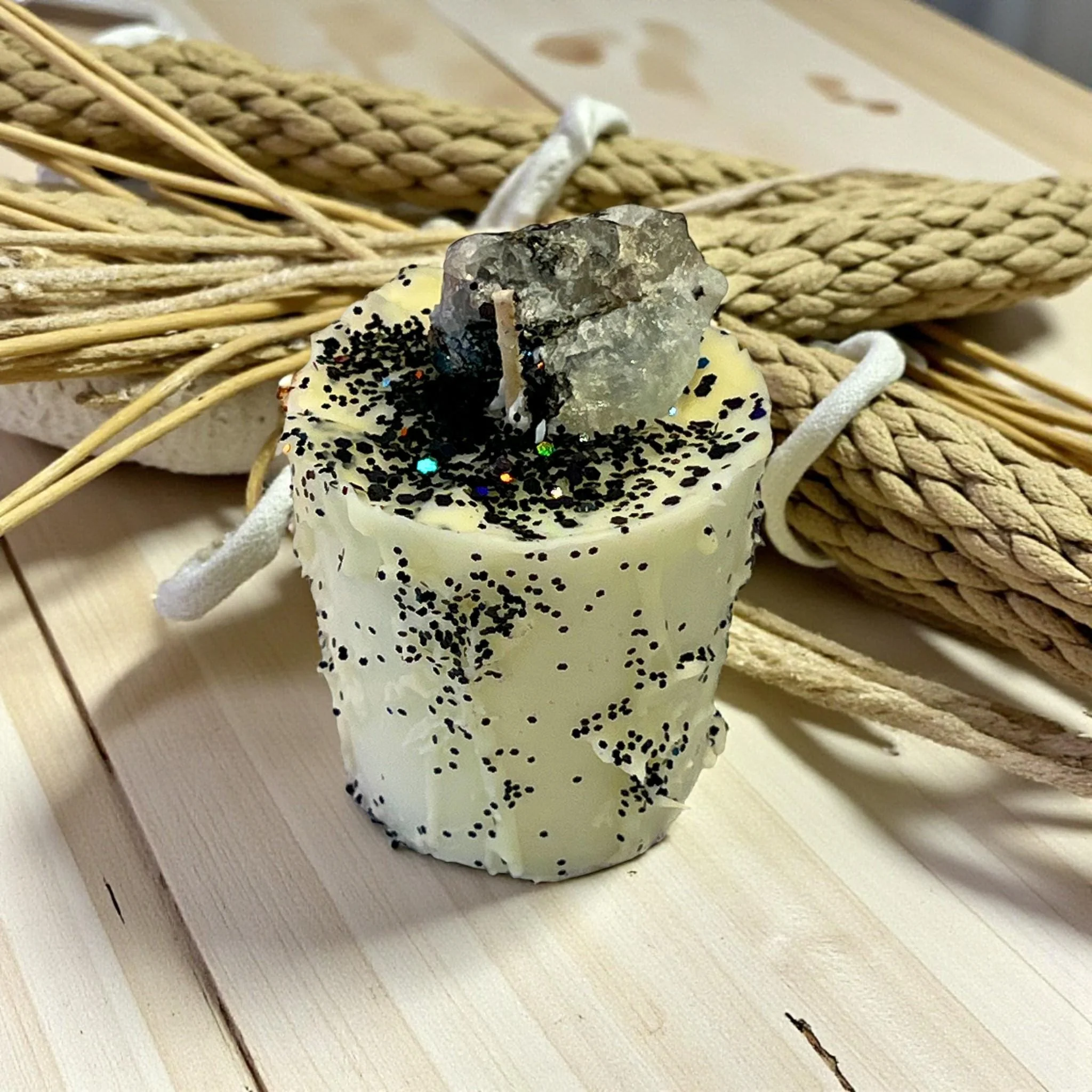 Exceptional Intention Votive Drip Candle Moonstone Crystal with Black Glitter Drip Sophisticated