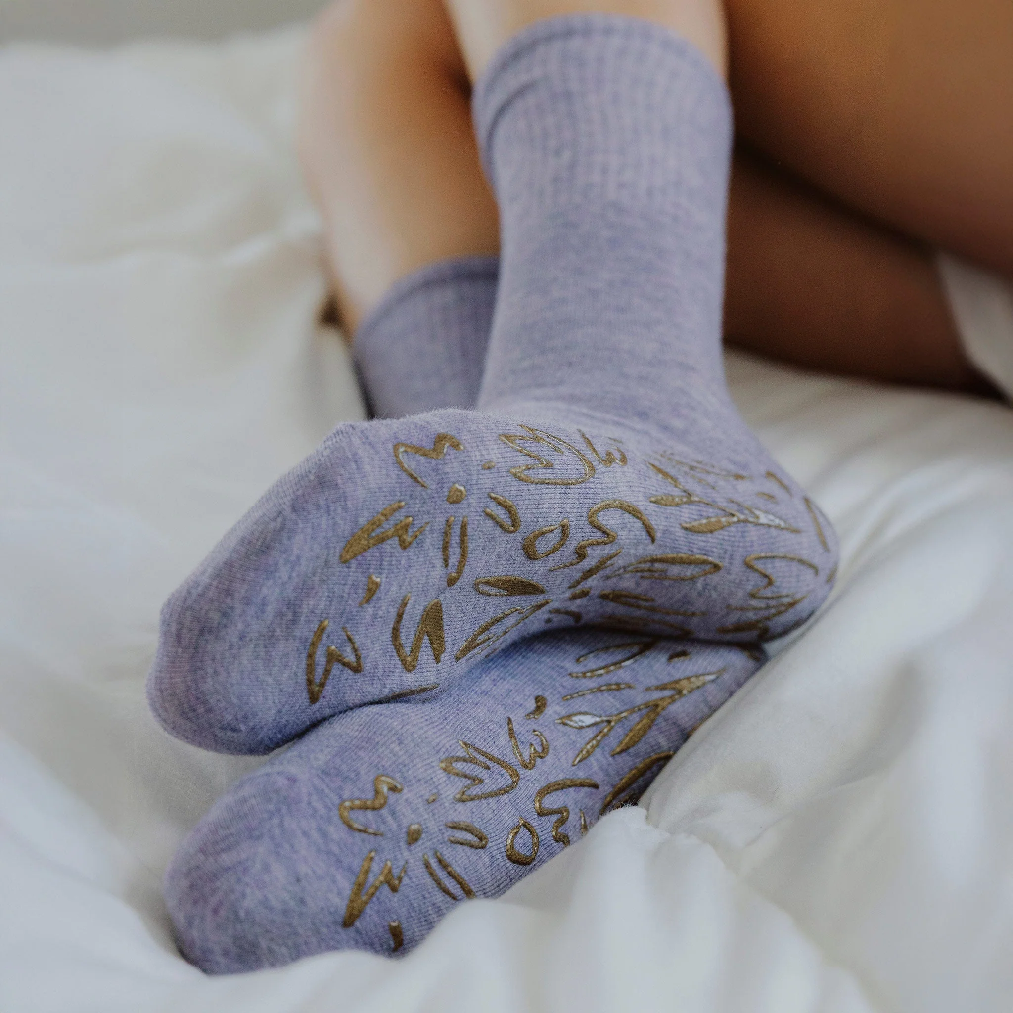 Green Serene Socks- Adult Organic Cotton Non-Slip Socks- 4 Seasons- Lavender- 2 Pairs Soft