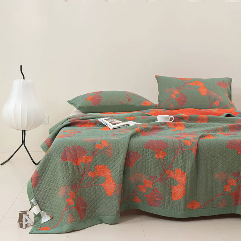 Sustainable Orange Ginkgo Leaf Cotton Reversible Quilt Versatile