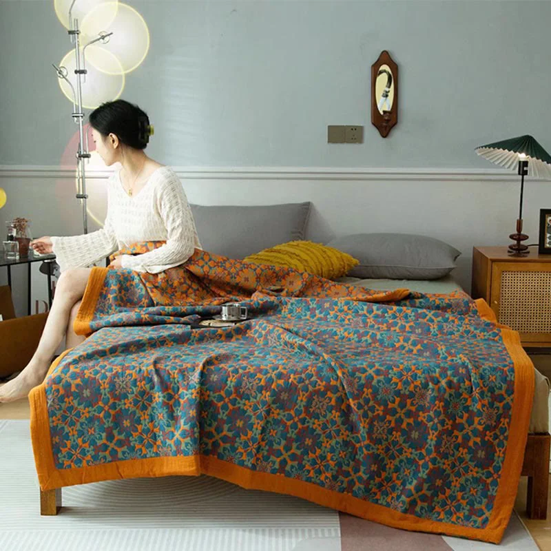 Verified Orange Blue Pattern Six Layers Cotton Quilt Solid