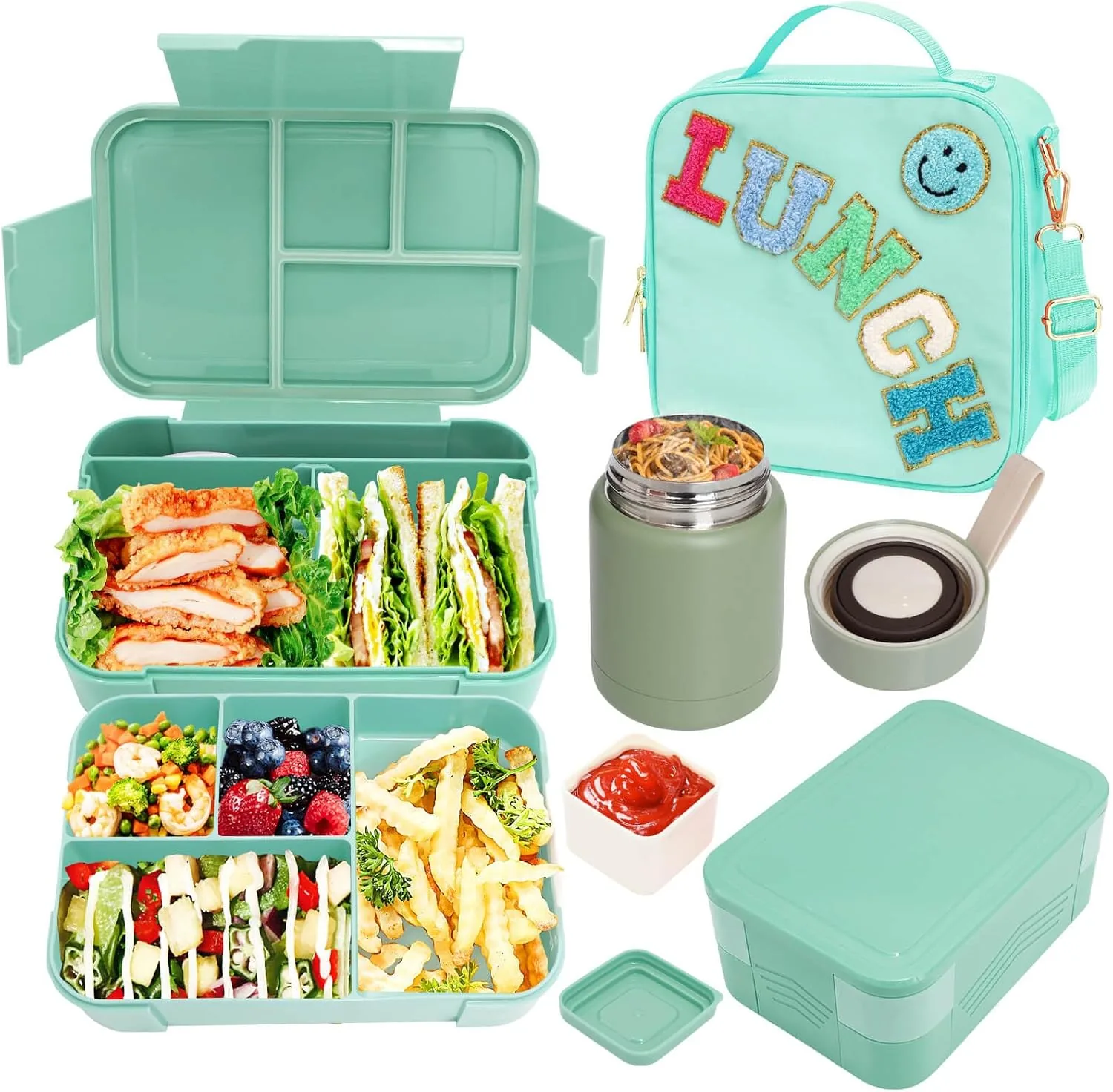 Pure Girl Lunch Bag with 6 Compartment Bento Box with 10oz Thermo- Preppy Green Nylon Insulated Lunch Box Adjustable Strap Artisan