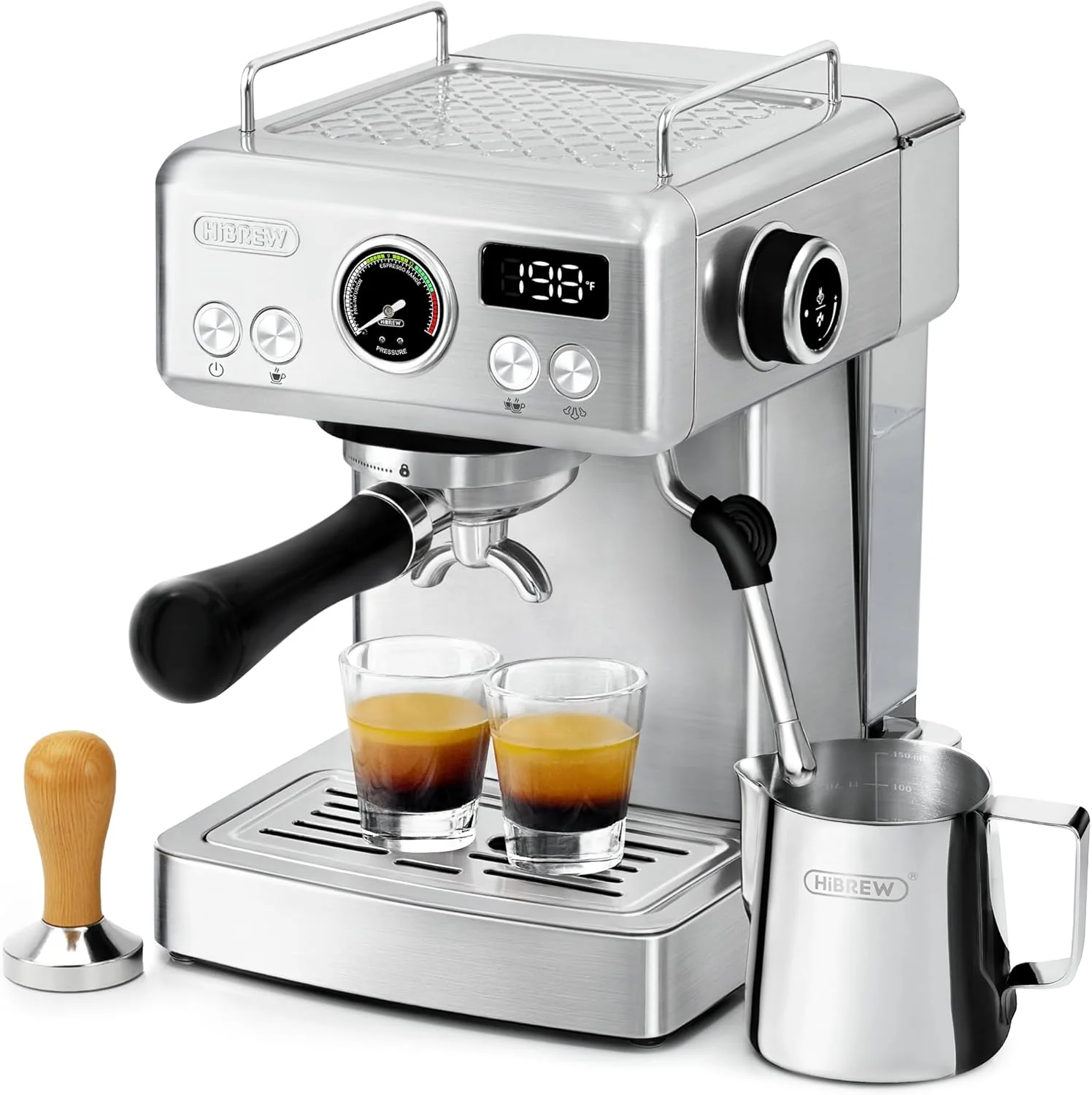 Professional Hibrew H10A - 58mm Espresso Machine Stainless Steel Body with Milk Frother Customizable Settings Smart Display 20 Bar Pressure Gauge. Advanced