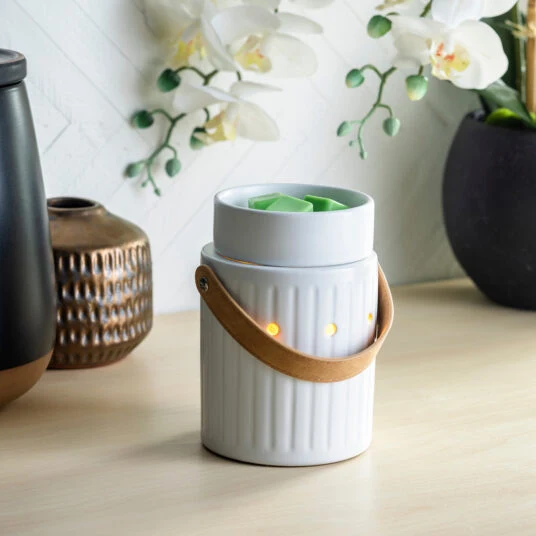 Reusable Ribbed White Illuminated Fragrance Warmer with Leather Handle Crafted