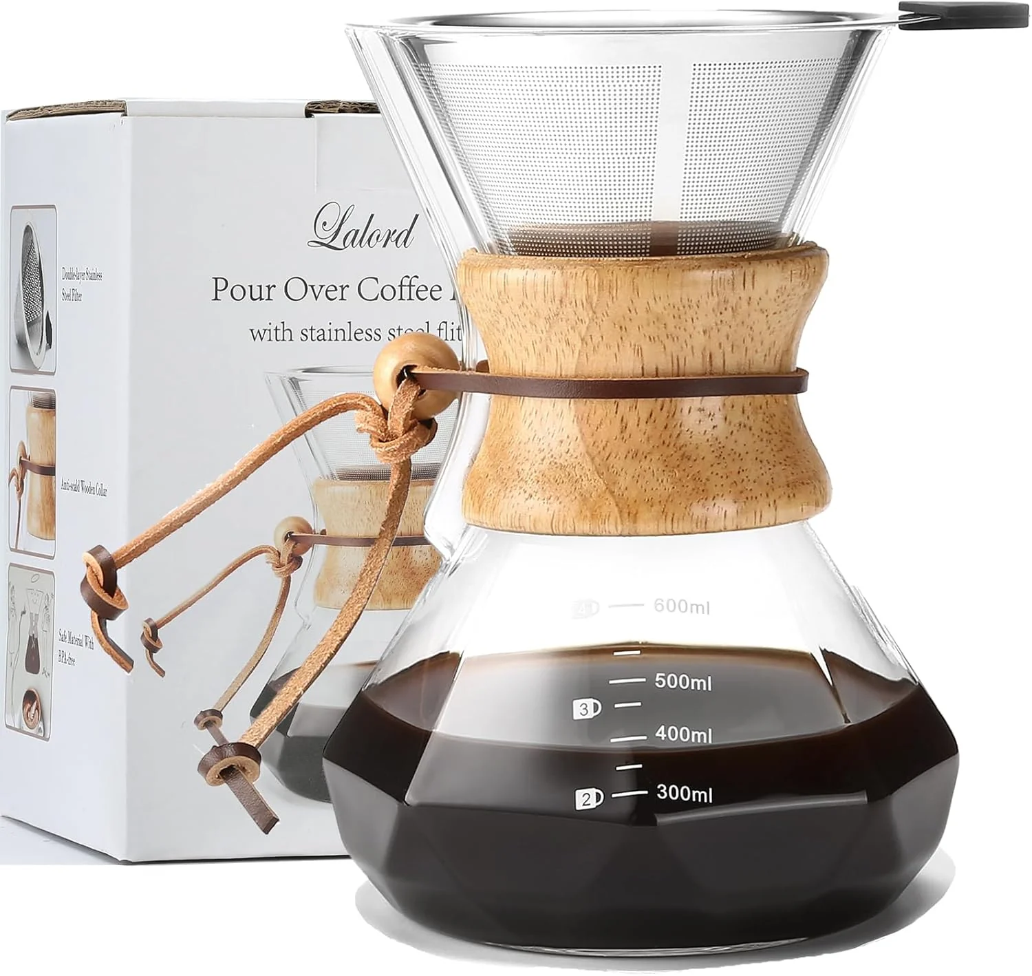 Long-Lasting Pour Over Coffee Maker with Stainless Steel Filter 20 oz Borosilicate Glass Coffee Carafe Wooden Collar Coffee Maker Carafe Hold 3-4 Cups 600 ml Environmentally Friendly
