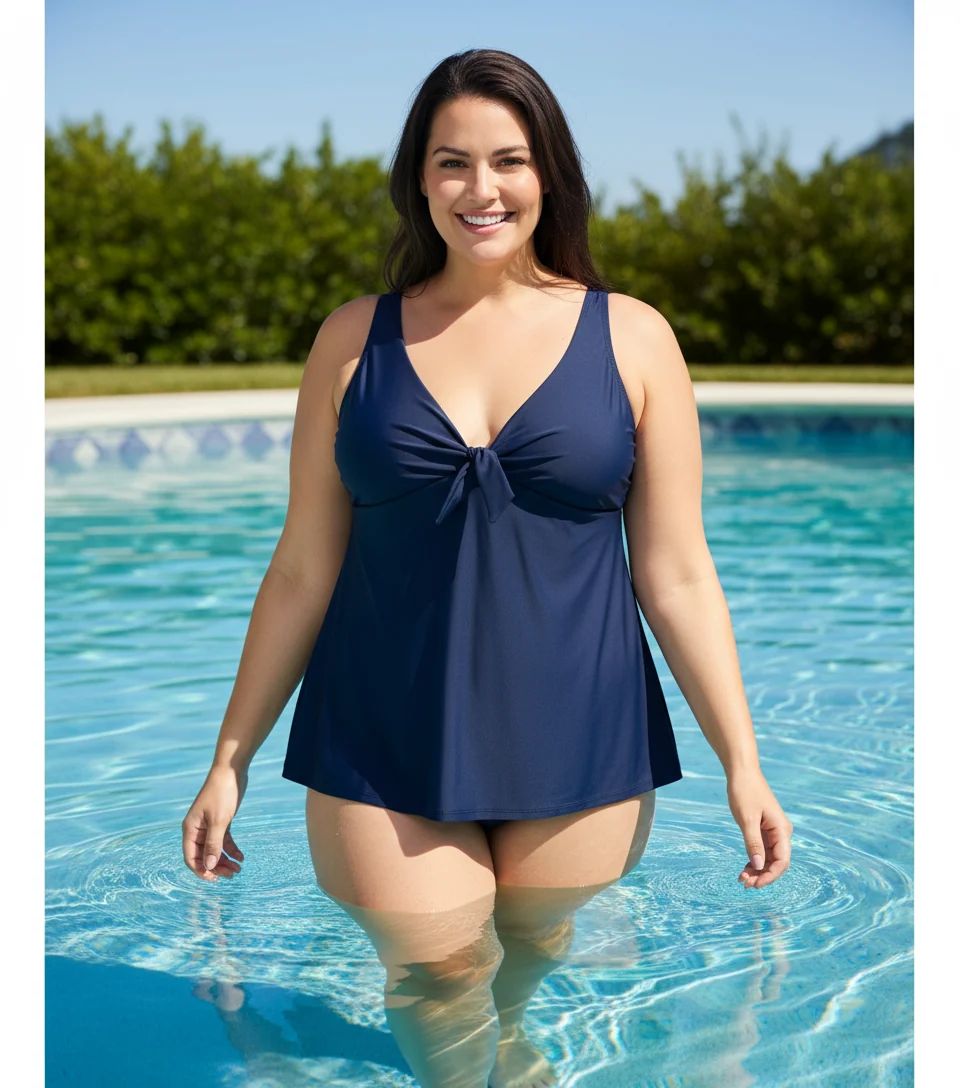 Reusable HEAT Navy Plus V-Neck Bow Tie Tankini -Navy Functional