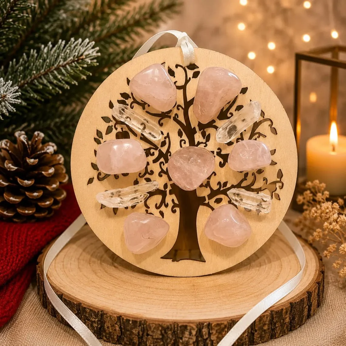 Functional Rose Quartz Crystal Tree of Life Christmas Ornament Wood Holiday Gift High-Performance