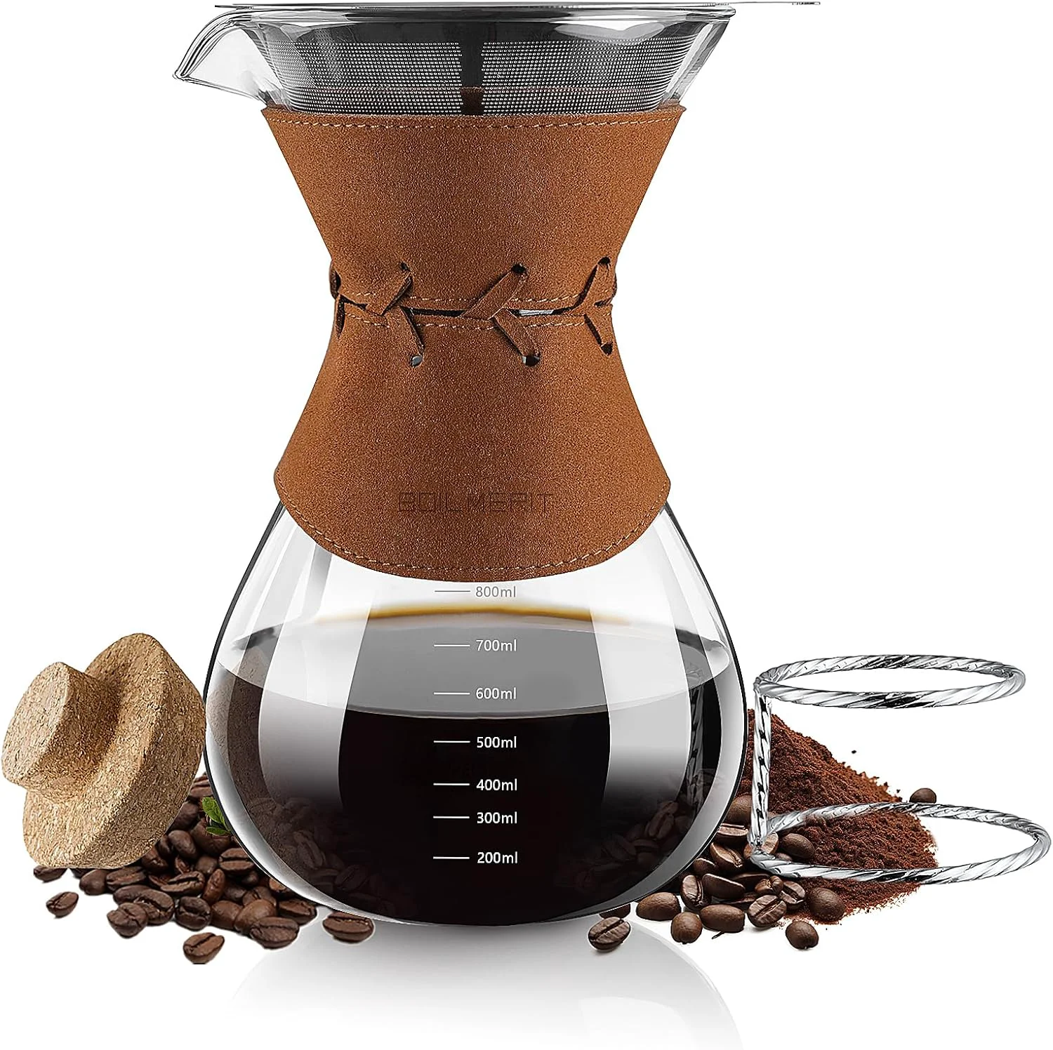 Efficient Pour Over Coffee Maker with Double-Layer Stainless Steel Filter - 27 oz Pour Over Coffee Dripper with Leather Collar Top-Quality