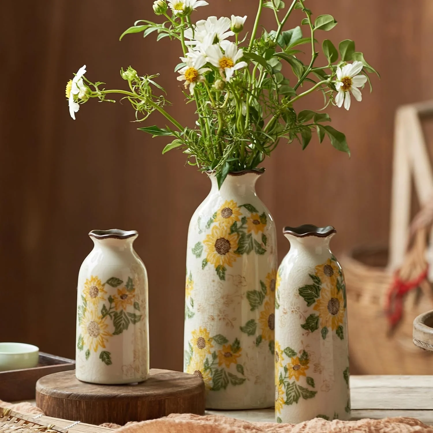 Expertly Made Levvohd Autumn Vintage Ceramic Vase Set of 3 for Decor Home Rustic Farmhouse Vase Your Kitchen Bedroom Living Room Bathroom Shelf Centerpiece Table Decorations H 9.5 H7.7 H5.9 Long-Lasting