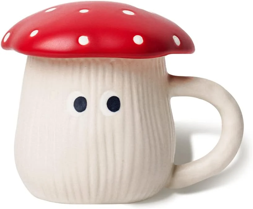 Recyclable Cute Mushroom Mug with Lid Handmade Glaze Cover Eyes Safety Matt Ceramic Milk Mugs 12 oz Cartoon Tea Cup. Gifts for Women Girls. Original