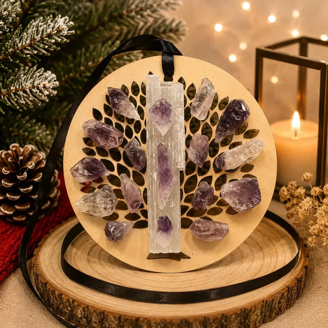 Convenient Wooden Tree of Life Christmas Ornament Selenite Hanging Holiday Decor Genuine