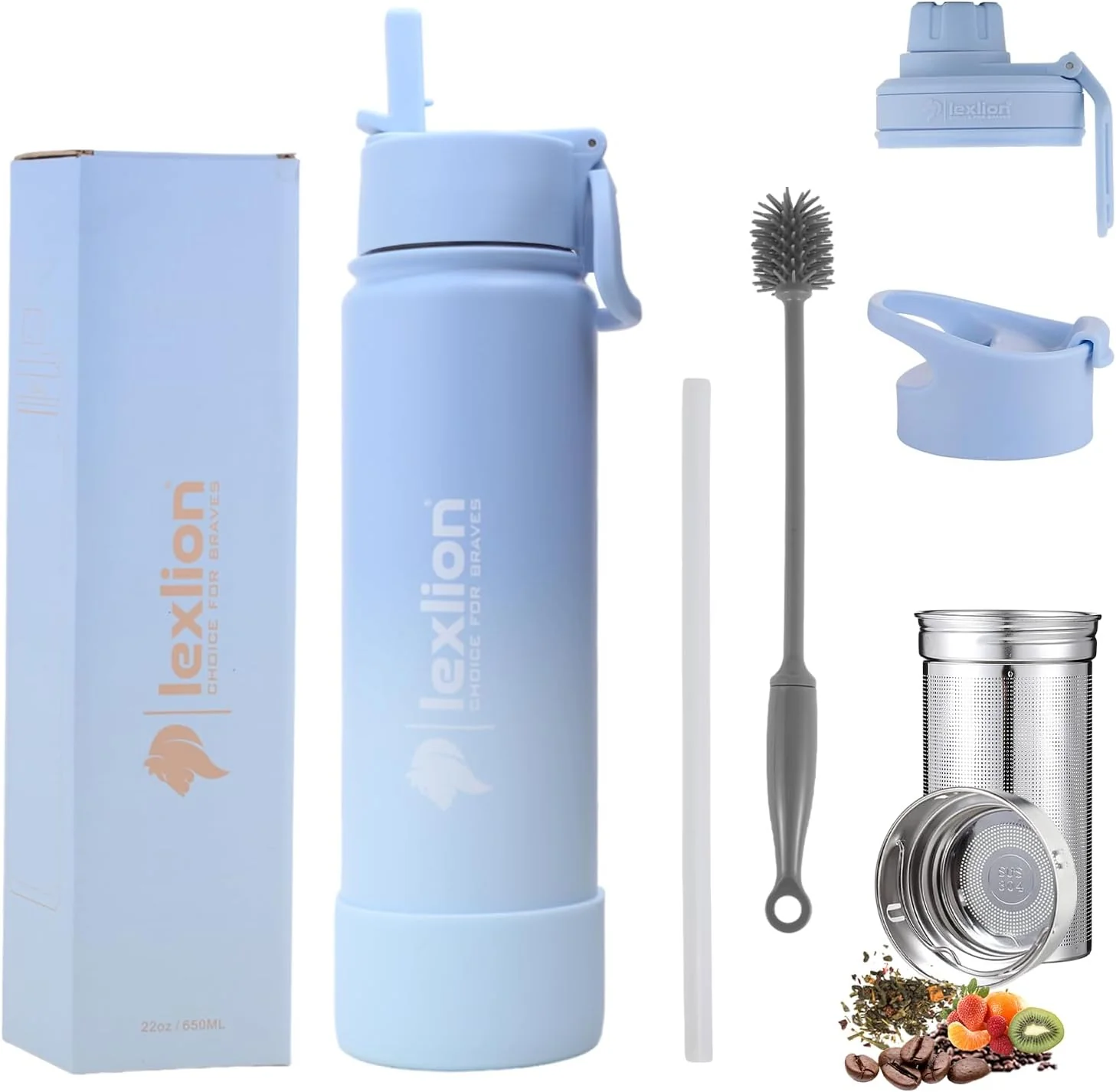 Superior Lexlion Tea Infuser Water Bottle 22 Oz Triple Walled Insulated Stainless Steel Bottle Thermal Fruit Leaf Infuser Silicone Sleeve 3 Lids Leakproof Advanced