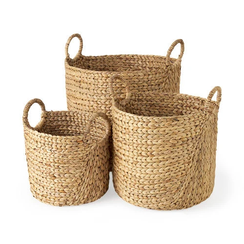 First-Class Sivan Light Brown Water Hyacinth Round Basket W Handles Crafted