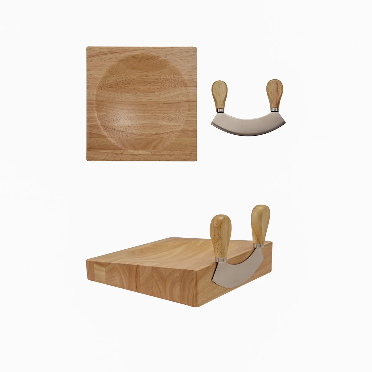 Smart Rubberwood Stainless Steel Mezzaluna 8-inch Square Cutting Board w Magnets Expertly Made