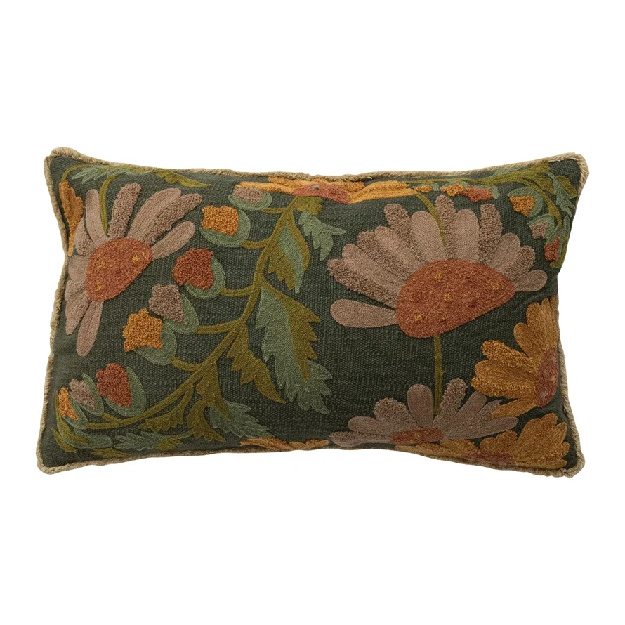 Fine Flowers Fringe Chambray Cotton Slub Embroidered Pillow High-Quality