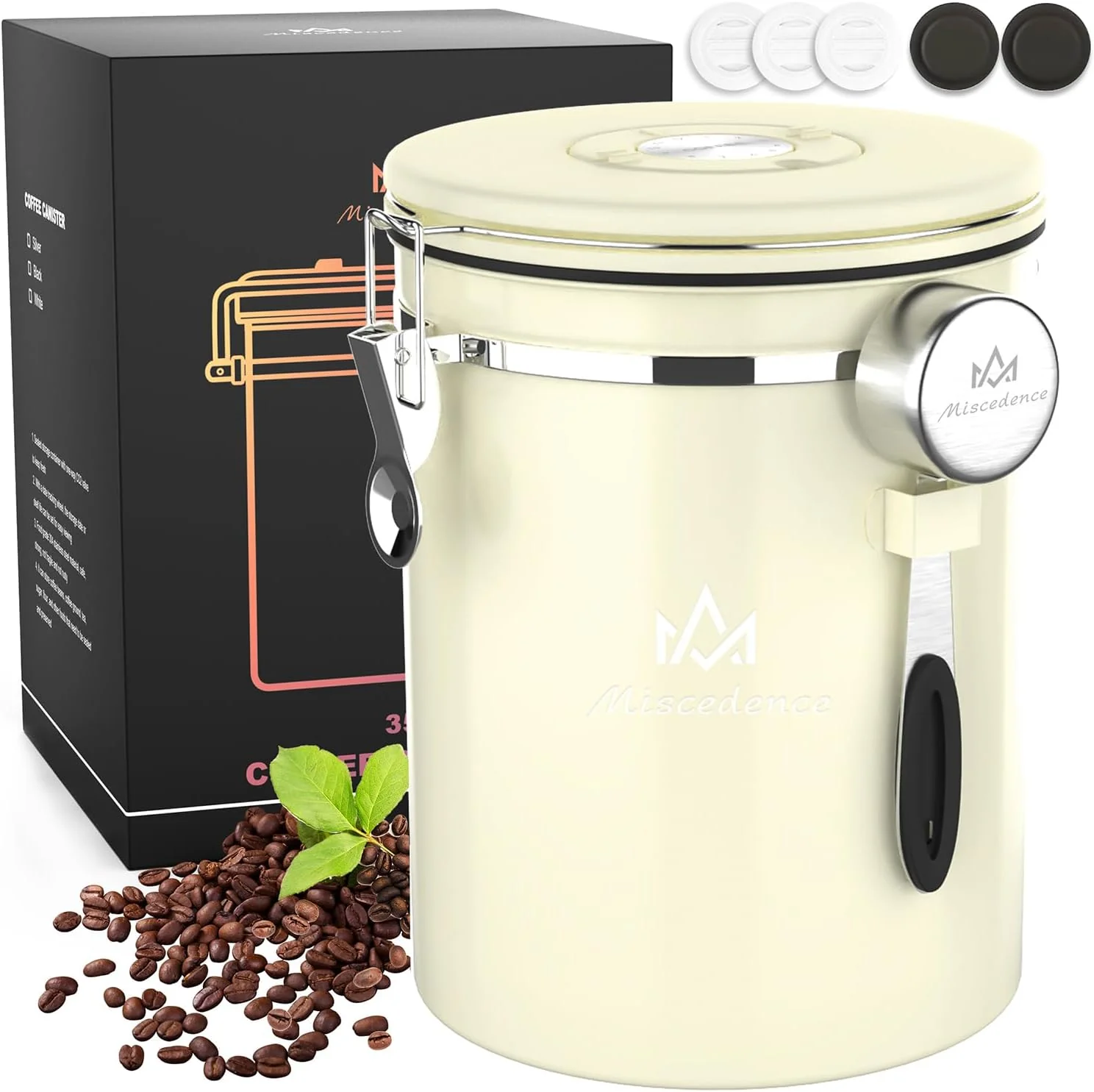 Elegant 38OZ Coffee Canister for ground coffee with Date Tracker beige 304 Stainless Steel Kitchen Food Airtight storage container for Coffee Beans or Grounds Tea Sugar Superior