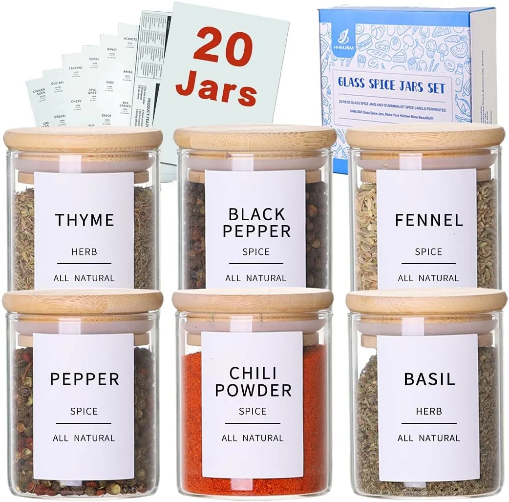 Proven Glass Spice Jars with Bamboo Lids - 20 Pcs Thicken 2.4mm 4oz Airtight Seasoning Containers with 131 Waterproof Minimalist Spice labels Preprinted Original Design