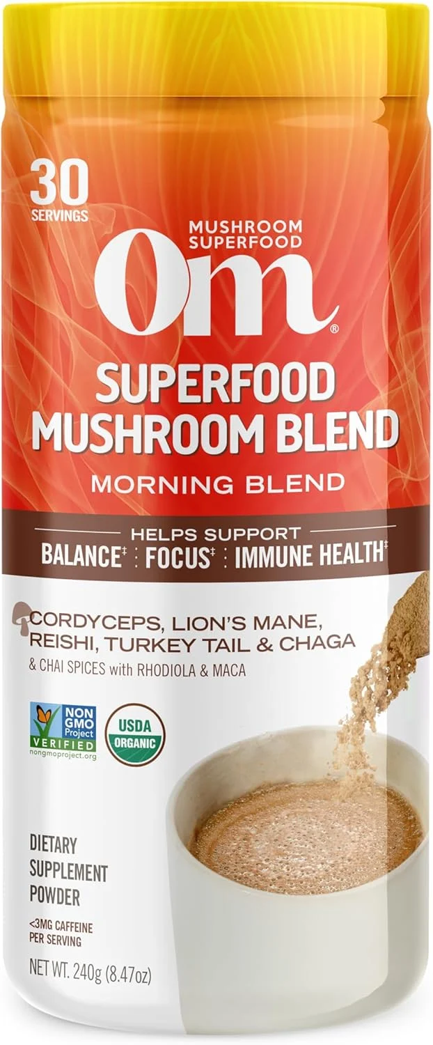 Breathable OM Mushroom Superfood Morning Energy Blend Mushroom Powder Drink 8.47 Ounce Canister Coffee Energy Drink with Cordyceps Vitamin D2 Sophisticated