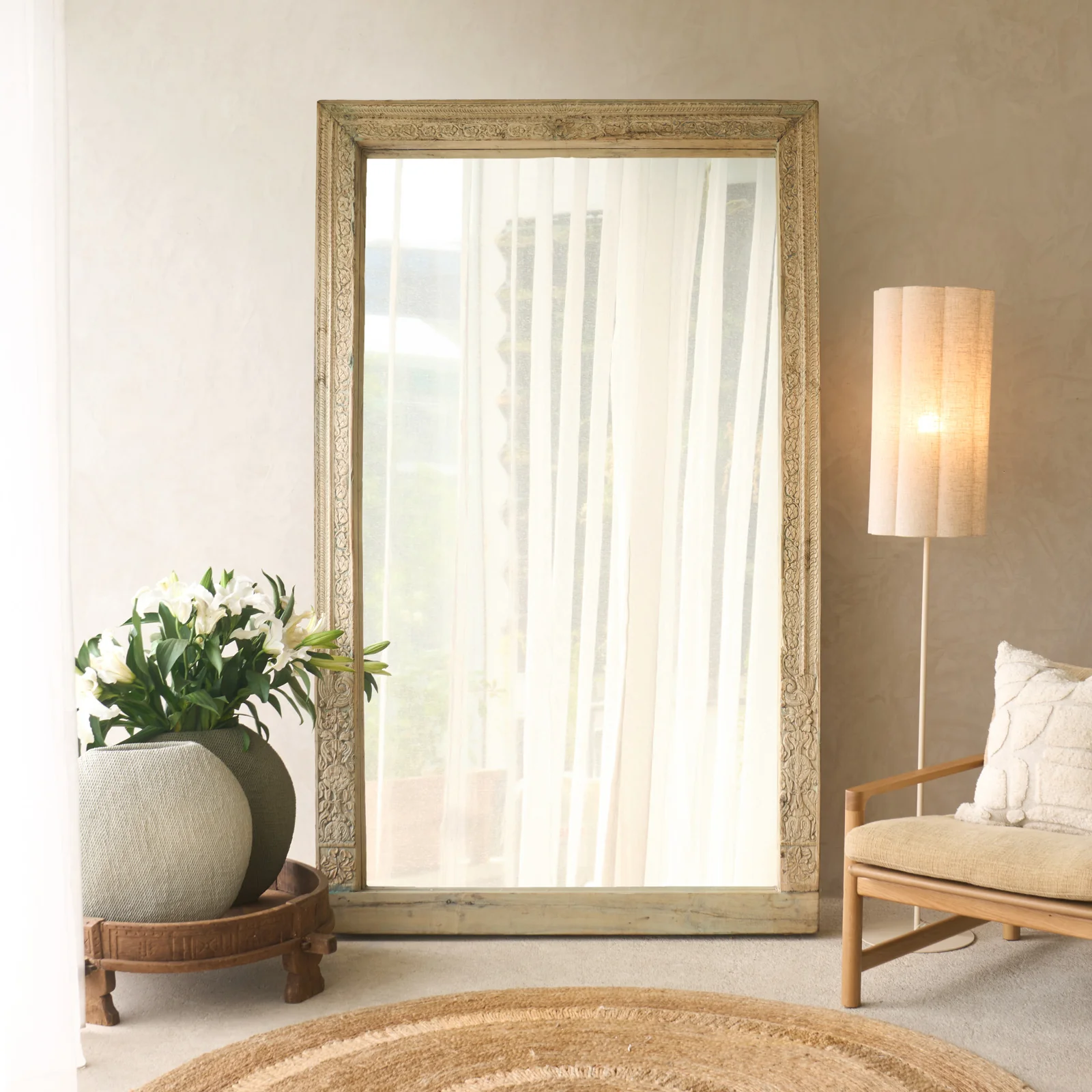 Breathable Carved Teak Mirror XL - Blue Patina A Artisan
