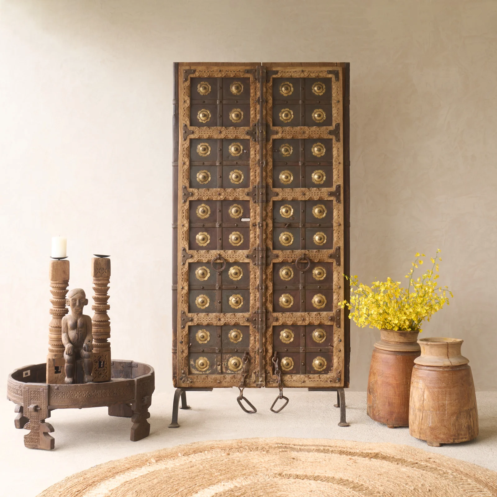Breathable Vintage Teak Carved Door with Brass Motifs Innovative