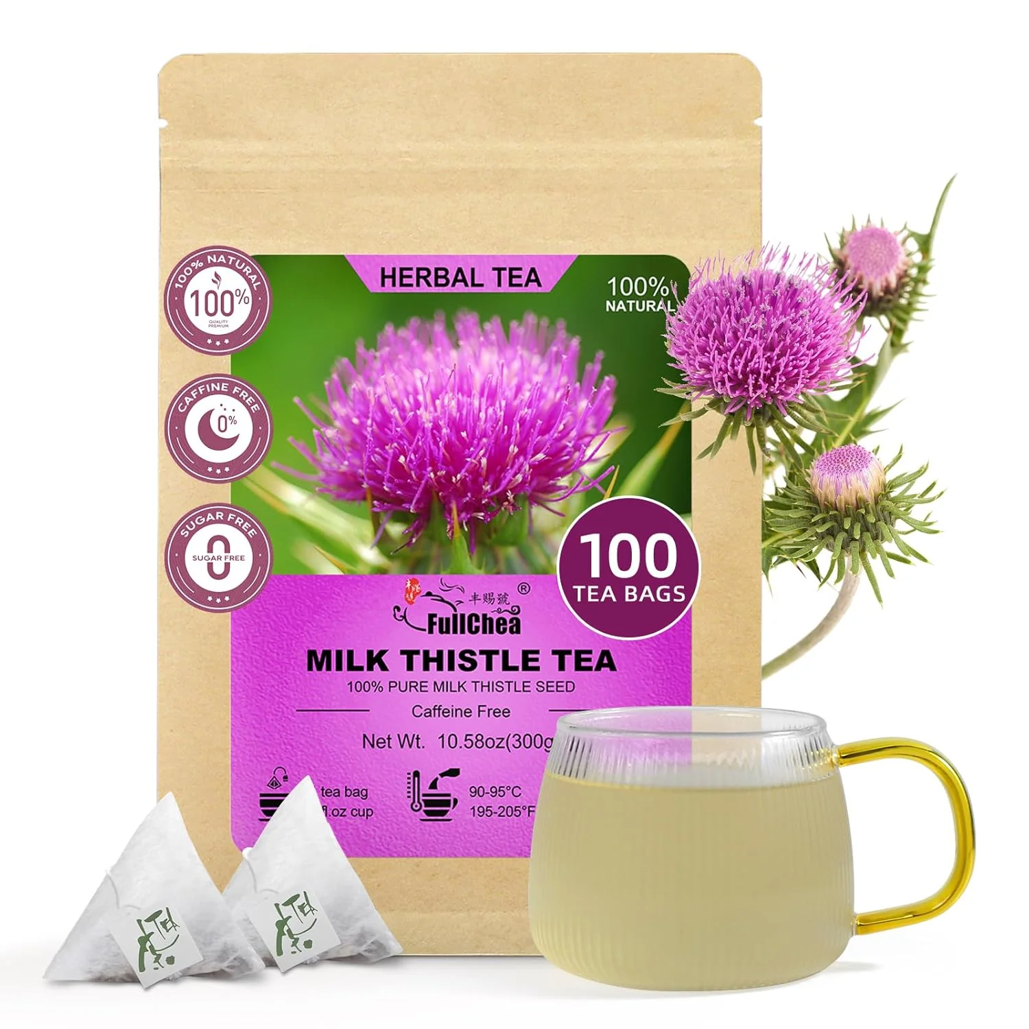 Durable FullChea - Milk Thistle Tea Bags 100 Count - Natural Liver Support Detox - Premium Milk Thistle Seed - Caffeine- Herbal Tea Advanced