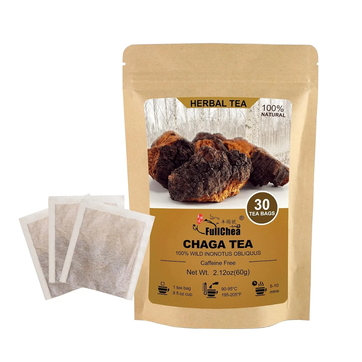 High-Performance FullChea - Chaga Tea Bags 30 Count Chaga Mushroom Tea Naturally earthy mushroom infusion caffeine- rich in antioxidants and supports digestive comfort Superior
