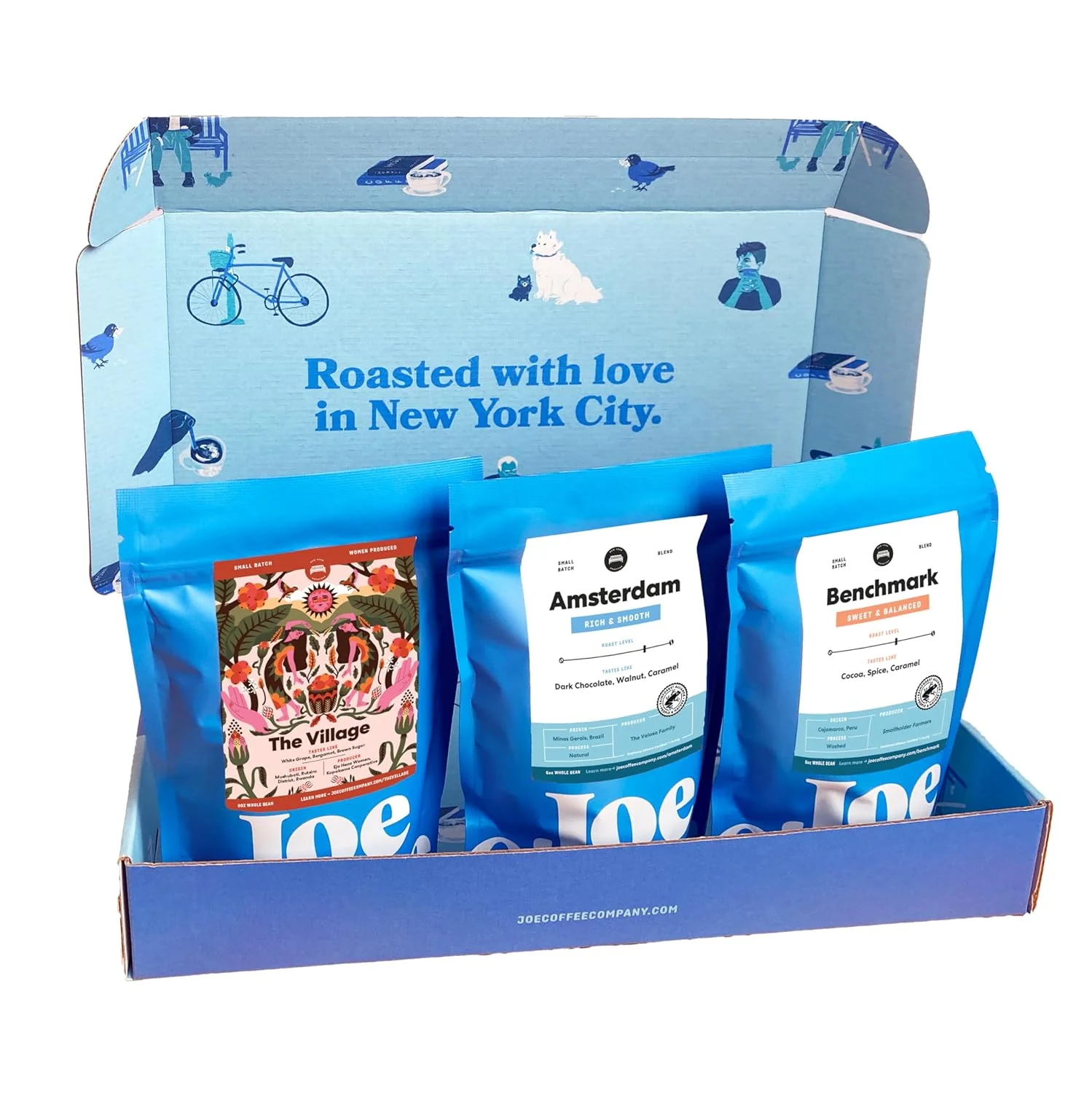 Sustainable Joe Coffee Company - 6 oz Coffee Gift Box Includes Village Light Roast Amsterdam Medium Roast Benchmark Med Dark Roast WholeBean Green