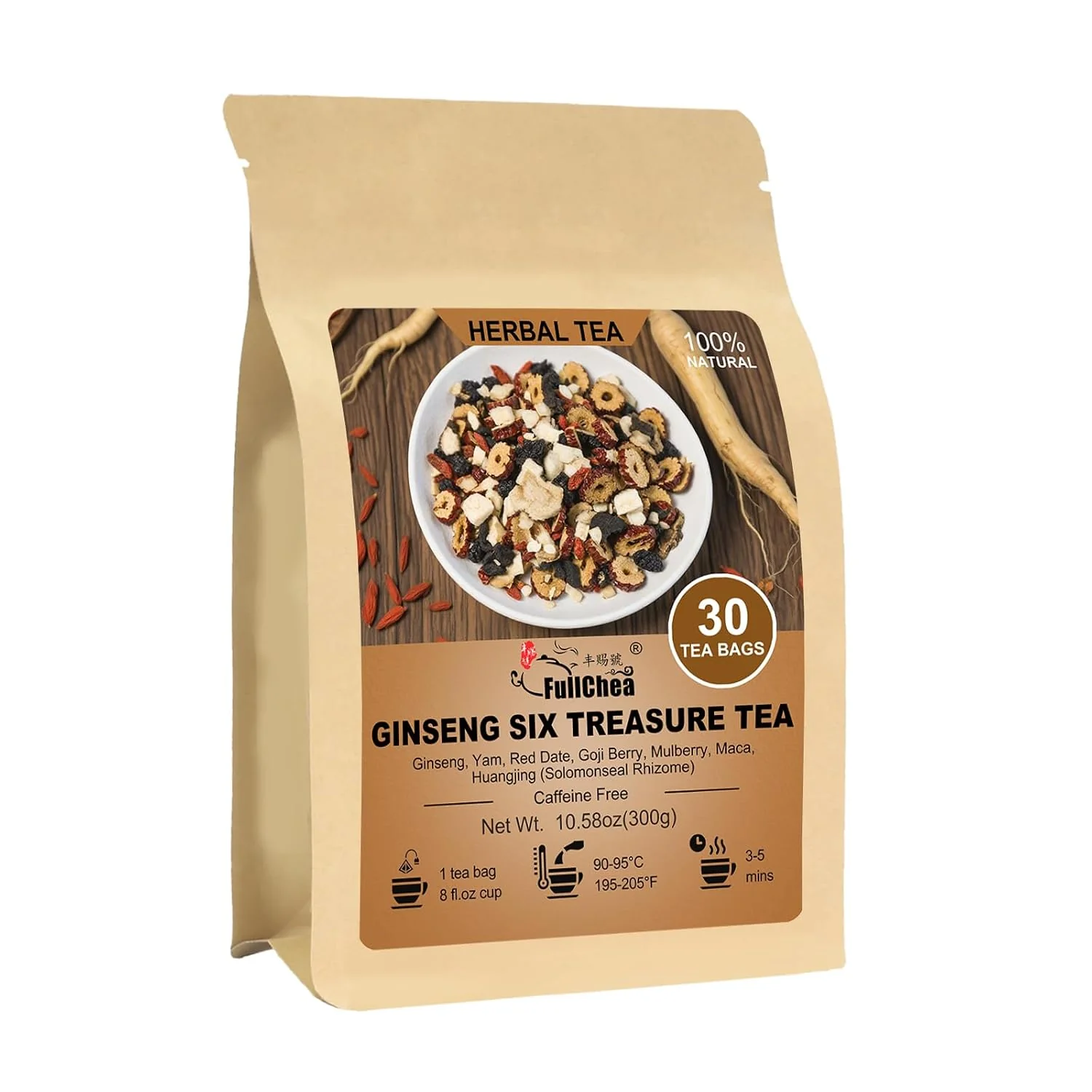 Prestigious FullChea - Ginseng Six Treasure Tea Bags 30 Ct Traditional Herbal Blend Traditional herbal blend with ginseng goji berry. Supports daily wellness and gentle digestion. Caffeine- Non-GMO ﻿ Crafted
