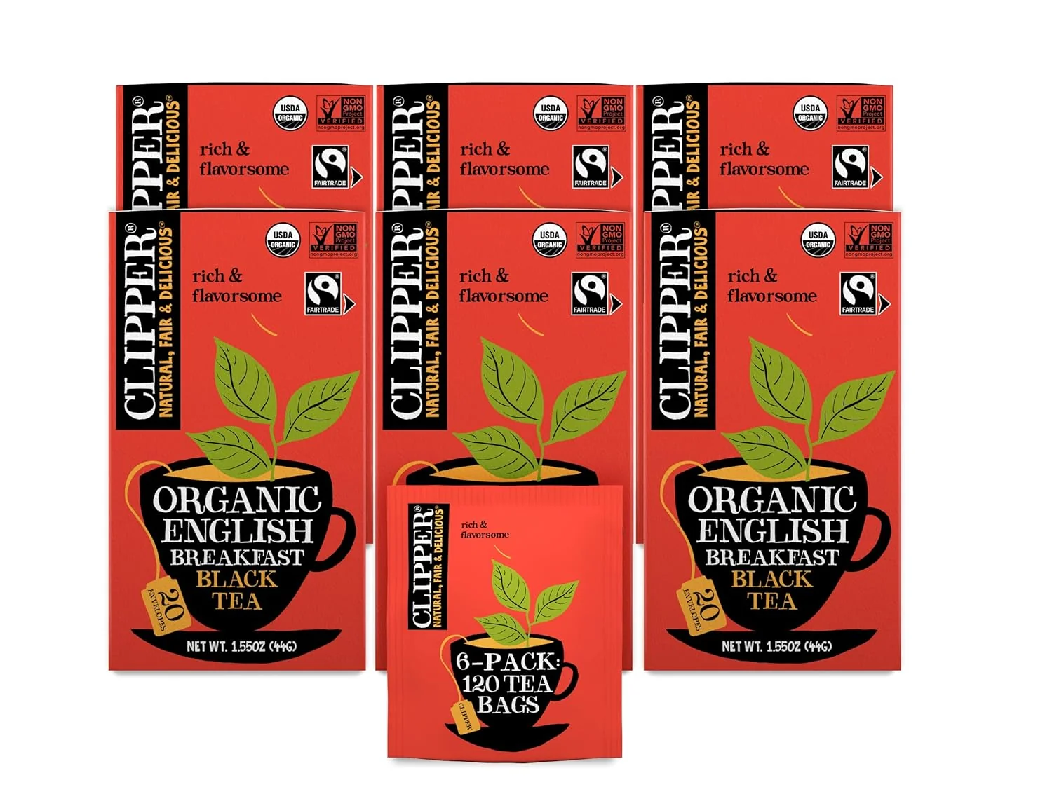 Relaxed Clipper Tea English Breakfast Fairtrade Organic Plant-Based Caffeinated British Tea 6 Pack 120 Unbleached Tea Bags Artisan