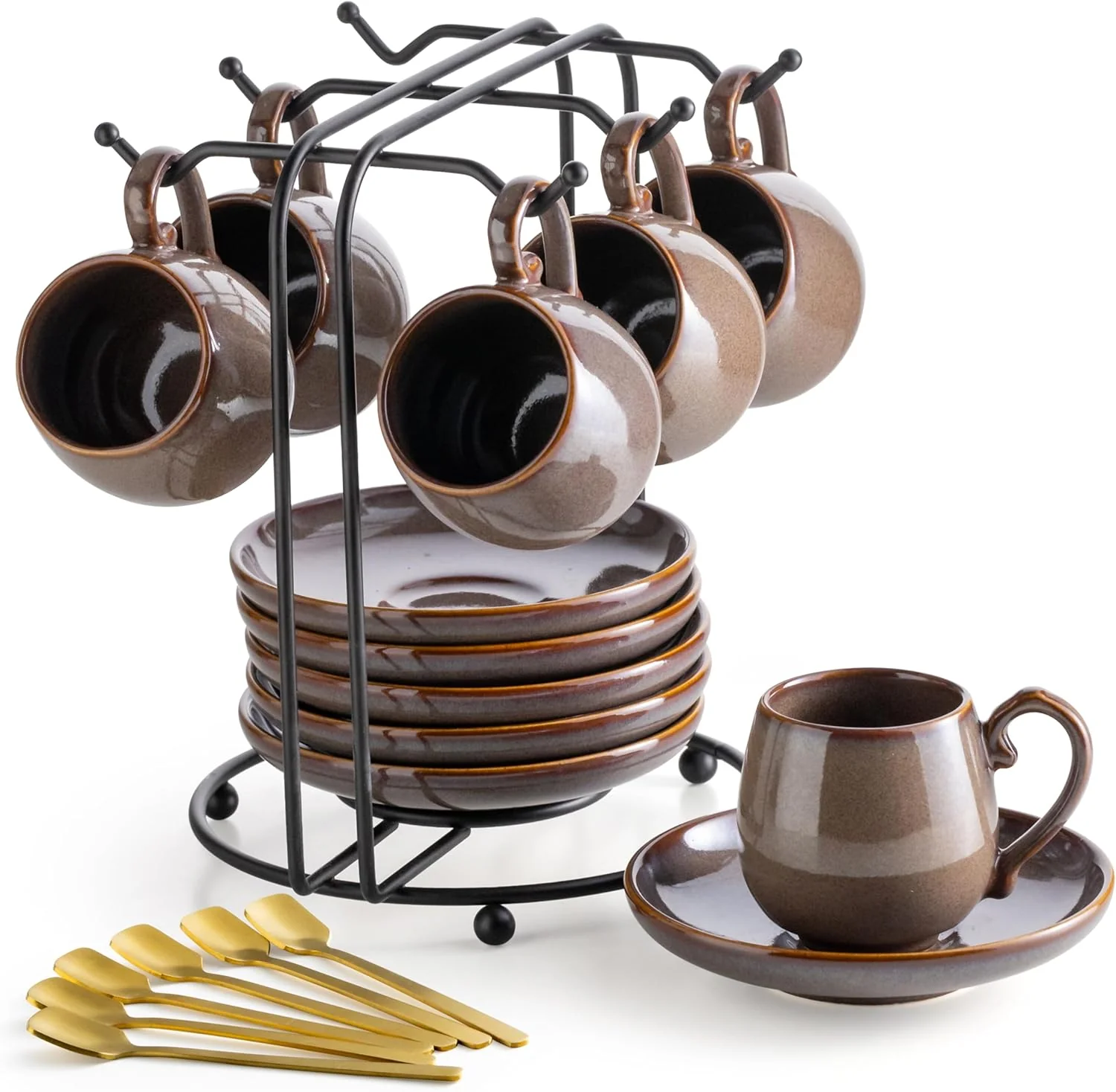 First-Class Lyeoboh 3 Ounce Espresso Cups and Saucers Set of 6 Ceramic Small Coffee Cups with Metal Holder and Spoons Cute Demitasse Cups for Tea Espresso Premium