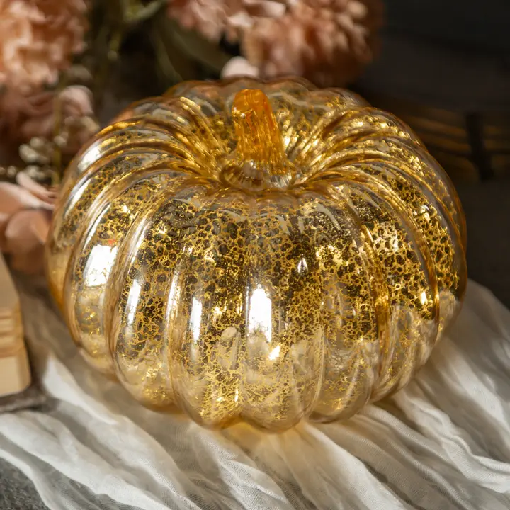 Long-Lasting Gold Crackle Glass Lighted Pumpkin Powerful