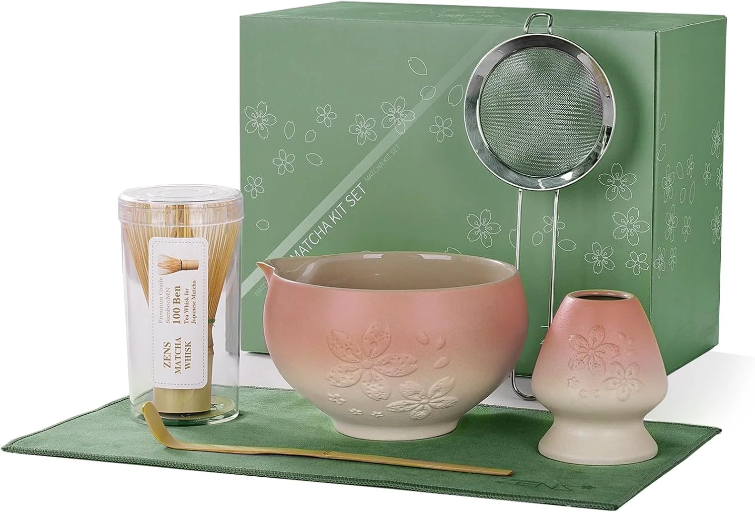 Organic Zens Matcha Whisk Set Pink Ceramic Matcha Bowl with Embossed Sakura 6pcs Matcha Tea Kit Includes Bamboo Whisk Chasen Holder Scoop Sifter Smooth
