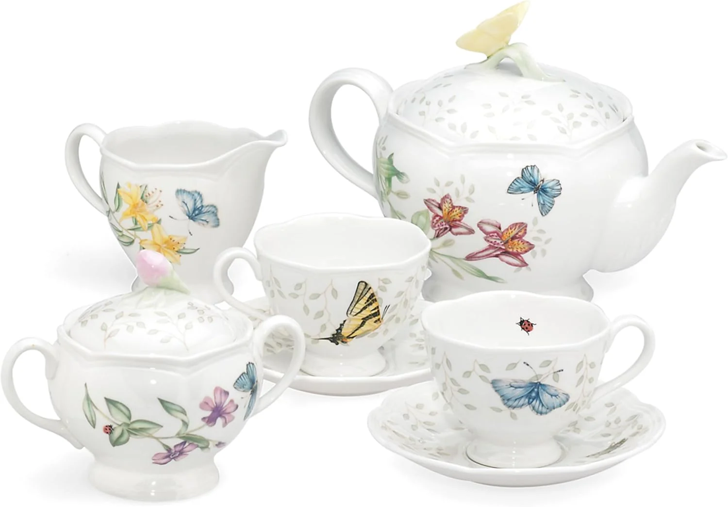 Organic Lenox Butterfly Meadow Porcelain Teapot and Tea Cup Set 9-Piece 48oz dishwasher safe includes creamer sugar bowl 2 teacups 2 saucers floral tea party gift 48oz gift for women Lightweight