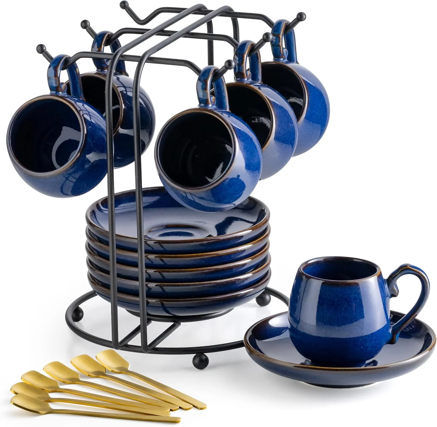 Flexible Lyeoboh 3 Ounce Espresso Cups Set of 6 Ceramic Small Coffee Cups with Saucers Cute Demitasse Cups and Metal Stand with Spoons for Great Gift Responsible