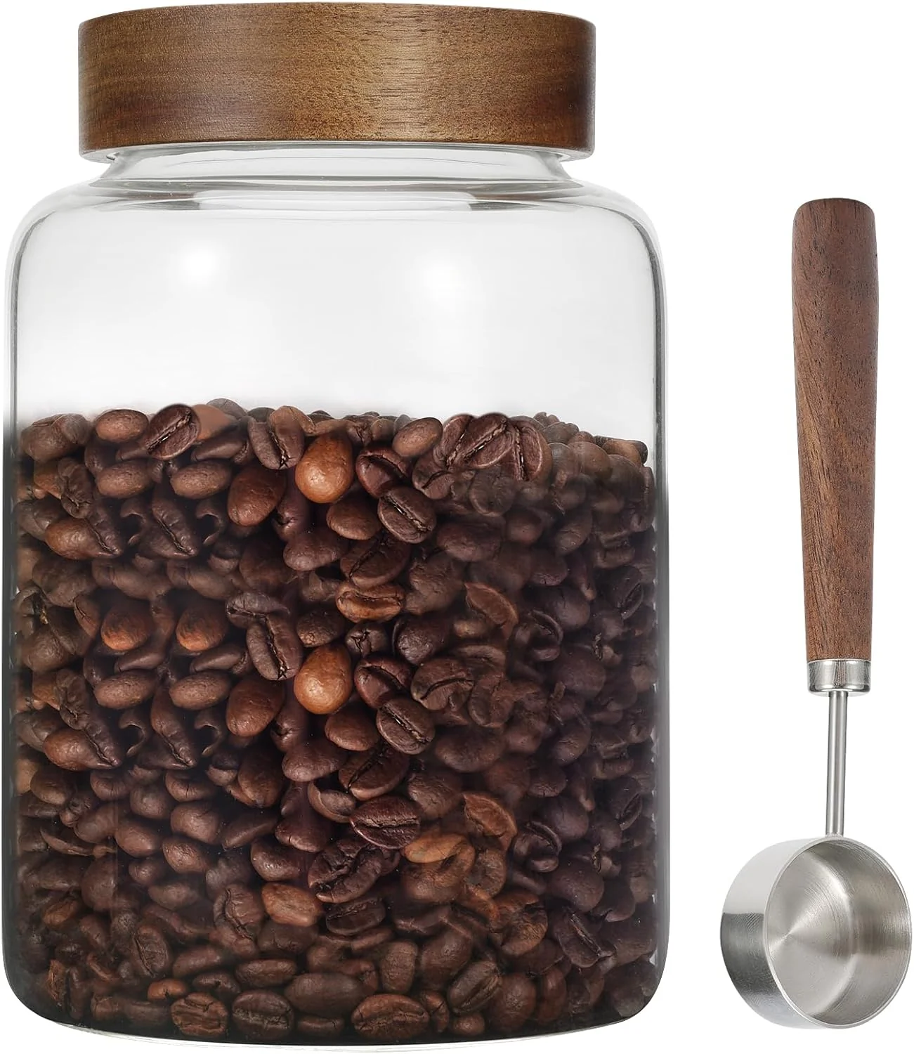 Selected Large Glass Coffee Jars with Spoons 60 oz 1800ml Round Storage Canister with Wooden Lid Clear Glass Food Jar for Pantry Sugar Tea Coffee Bean Spice User-Friendly