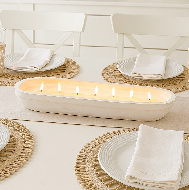 Sophisticated Rose Petals Birch - 7 Wick White Wood Dough Bowl Candle Green